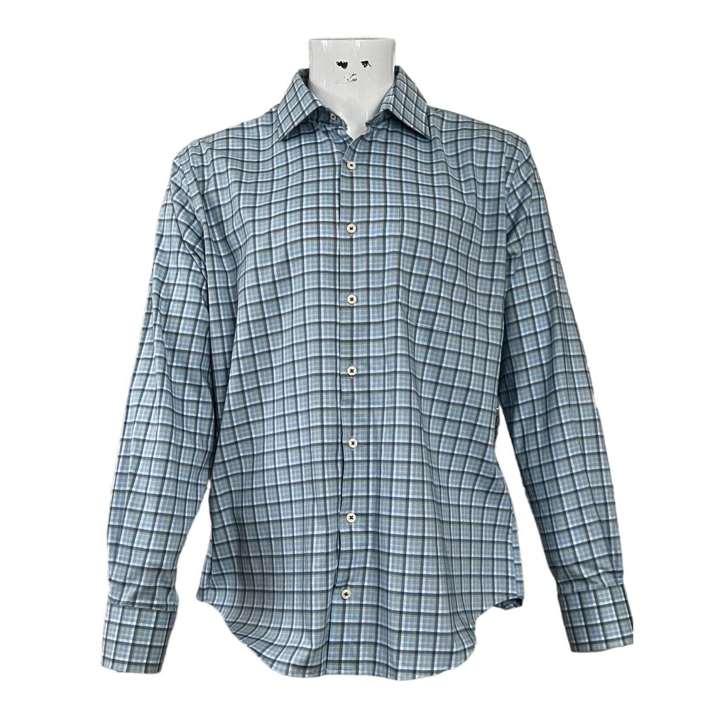 Peter Millar Shirt Men Size Large Button Down Long Sleeve Blue Yellow‎ Plaid